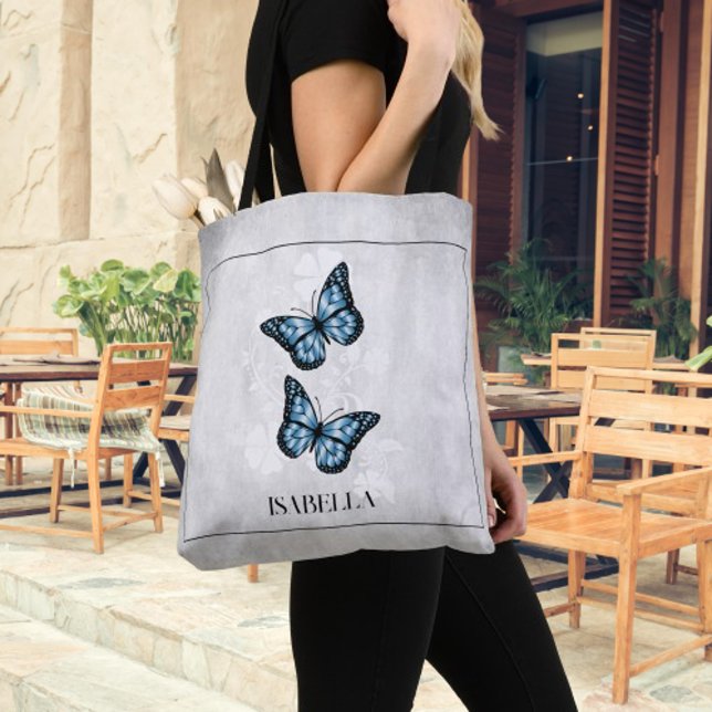 Personlig för blå fjäril-Blommigt,  Tygkasse (Blue Butterfly Floral Personalized Tote Bag)