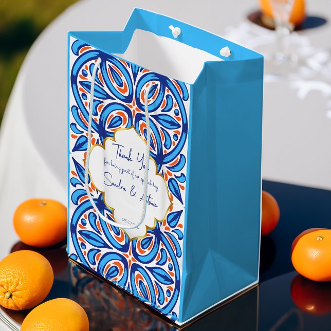 Personlig för blå orange Majolica-plattor (Blue orange Majolica tiles personalized favor Medium Gift Bag mediterranean themed favor bag)