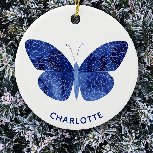 Personlig för blå vattenfärgsfjäril julgransprydnad keramik (Blue watercolor butterfly personalized name Christmas ornament)