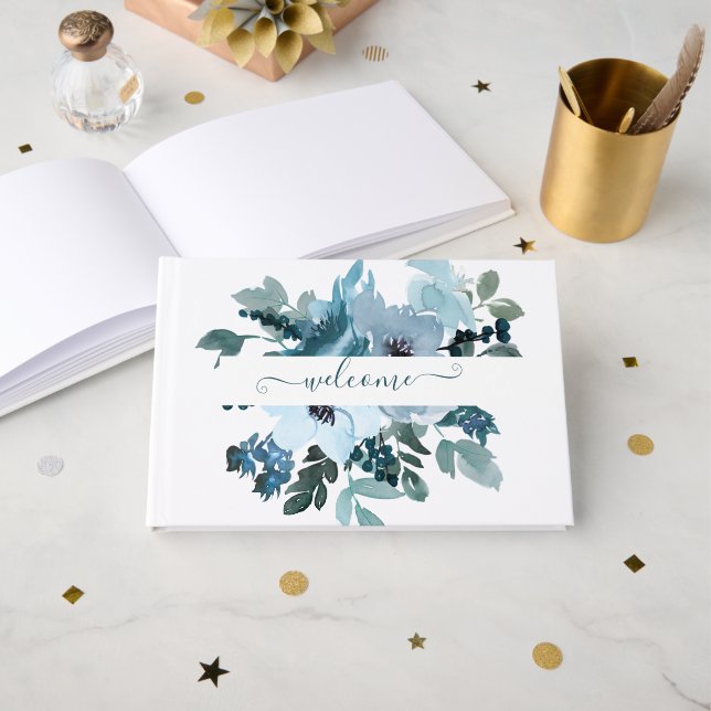 Personlig för blommigt av blått och blått ljus gästböcker (Framsida öppen)