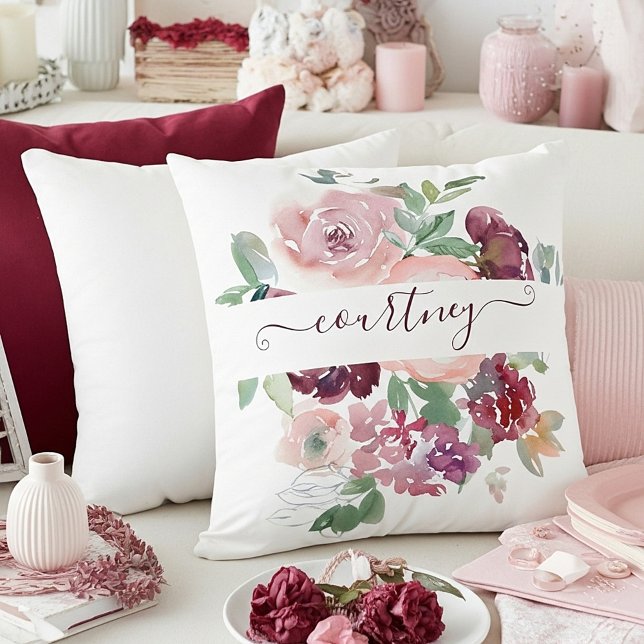 Personlig för blommigt av Burgundy och rosa vatten Kudde (Skapare uppladdad)