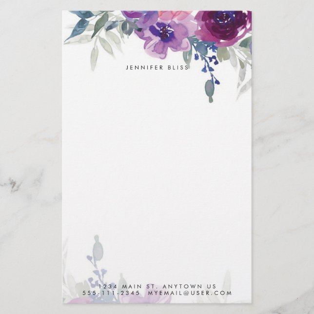 personlig för blommigt av lila och blå vattenfärg brevpapper (Framsida)