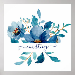 Personlig för blommigt av ljusblå vattenfärg poster