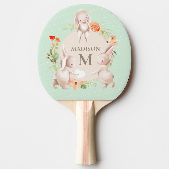 Personlig för Blommigt av Monogram Cute Bunny Rabb Pingisracket (Framsidan)