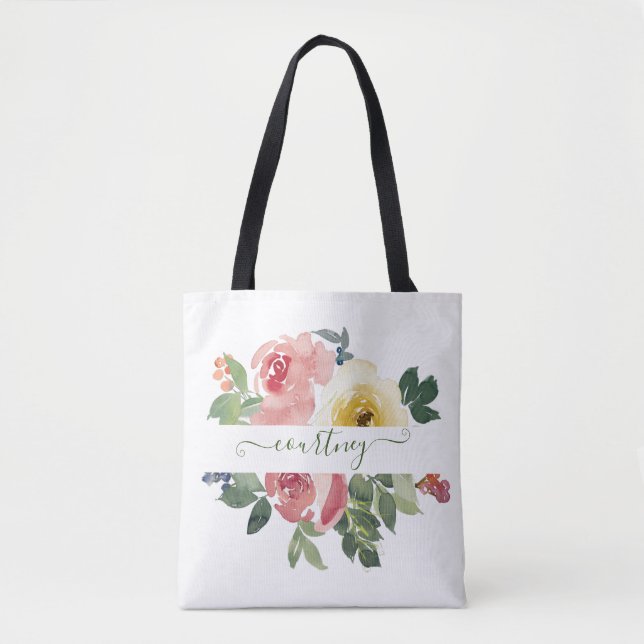 personlig för blommigt av rosa och gult tygkasse (Framsida)