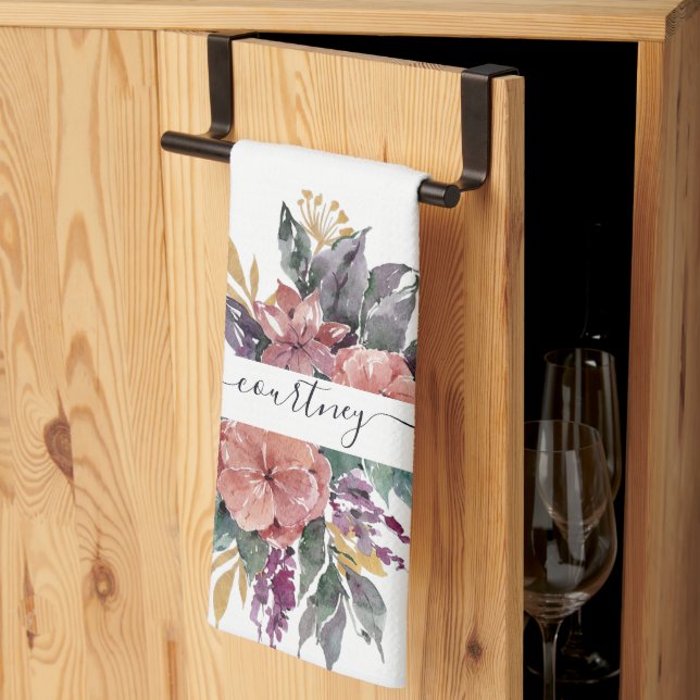 personlig för blommigt av rosa och lila kökshandduk (Thirds Fold)