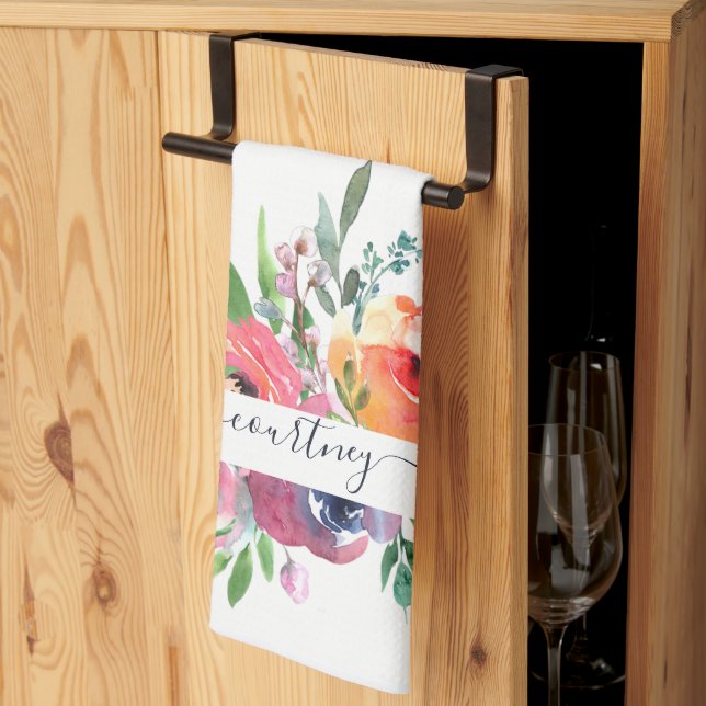 personlig för blommigt av rosa och orange kökshandduk (Thirds Fold)