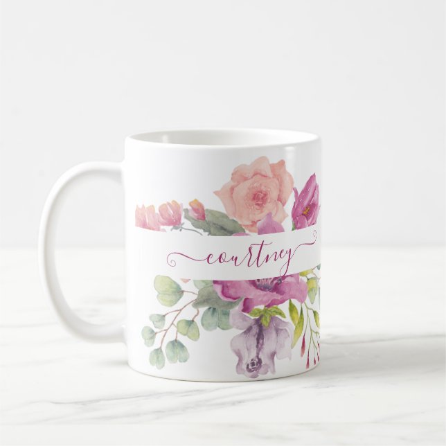 personlig för blommigt av rosa och persikofärgning kaffemugg (Vänster)