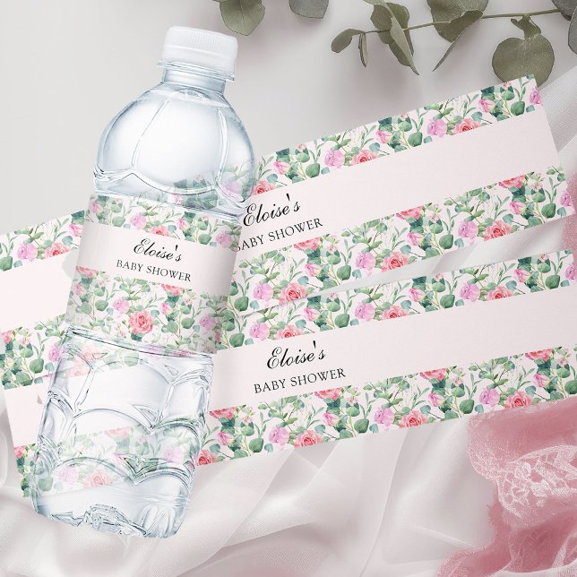 Personlig för Blommigt av vattenfärg i rosa ros Vattenflaskor Etikett (Floral water bottle labels from my Vintage Tea Party Baby Shower Collection)