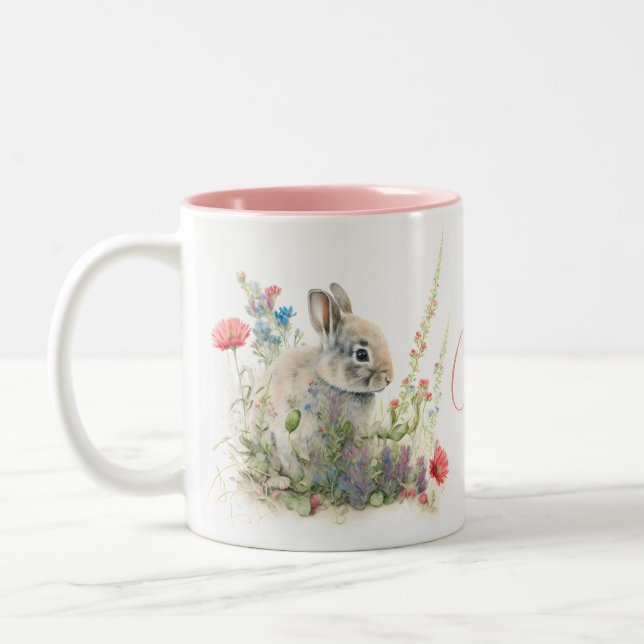 Personlig för Blommigt av vattenfärgen Cute Bunny  Två-Tonad Mugg (Vänster)