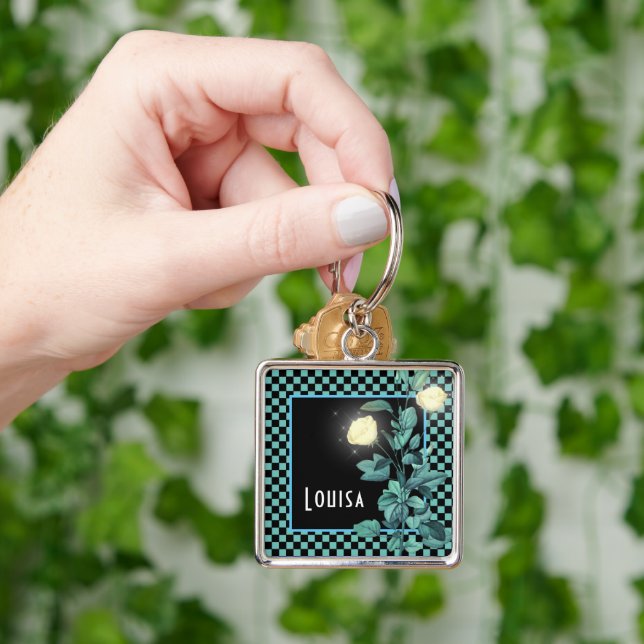 Personlig för Blommigt i Aqua Checkerboard Fyrkantig Silverfärgad Nyckelring (Hand)