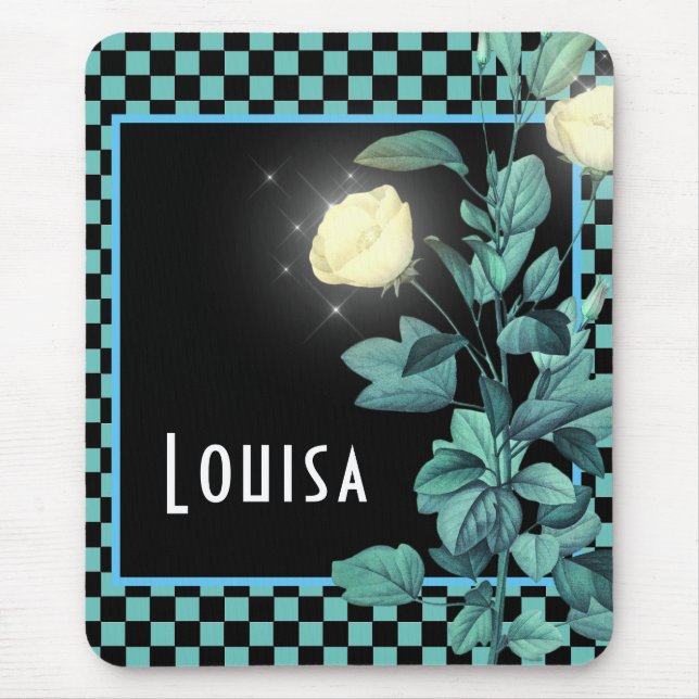 Personlig för Blommigt i Aqua Checkerboard Musmatta (Framsidan)