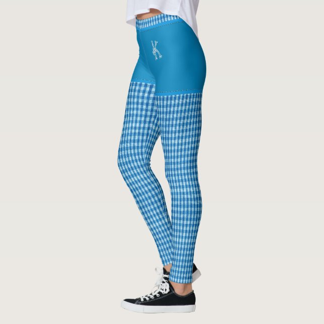 Personlig för Blue Checkered Fabric Print Monogram Leggings (Vänster)