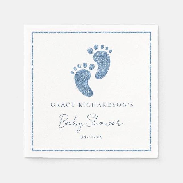 Personlig för Blue Glitter Baby Feet Baby Shower Pappersservett (Framsidan)