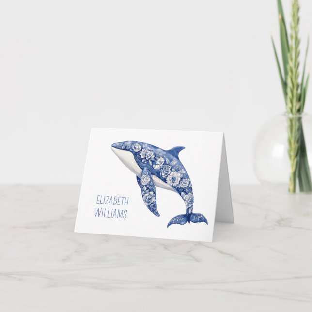 Personlig för Blue Toile Blommigt Beach Dolphin Anteckningskort (Framsida)