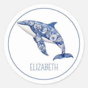 Personlig för Blue Toile Blommigt Beach Dolphin Runt Klistermärke
