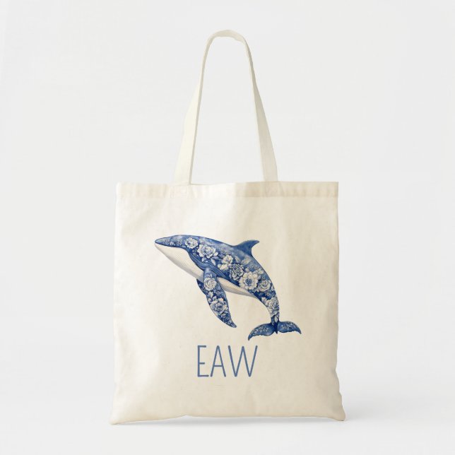 Personlig för Blue Toile Blommigt Beach Dolphin Tygkasse (Framsidan)