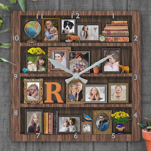 Personlig för bokhylla för familjfotoCollage antik Fyrkantig Klocka