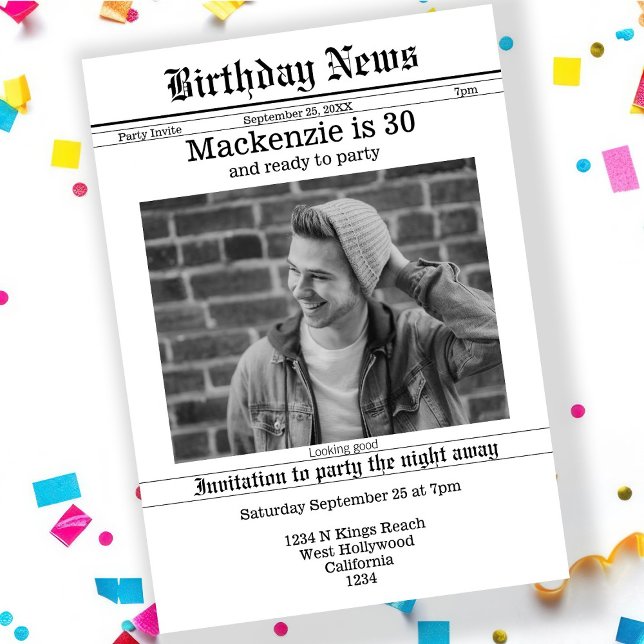 Personlig för dagstidningar inbjudningar (Birthday Announcement Newspaper Personalized Novelty Invitation by Ricaso. Add own photo and text)