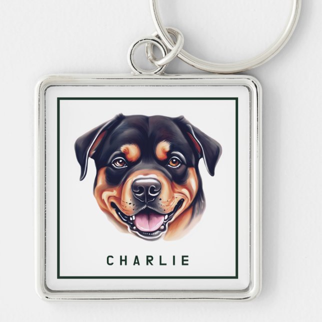 Personlig för Dapper Rottweiler-Valp Fyrkantig Silverfärgad Nyckelring (Framsidan)