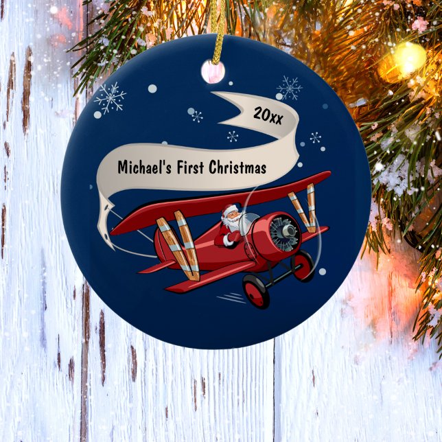 Personlig för det första jultomten på flygplanet julgransprydnad keramik (Skapare uppladdad)
