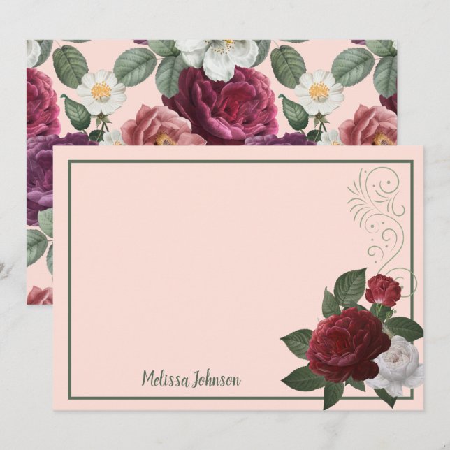 Personlig för elegant Burgundy och Rosa Blommigt Anteckningskort (Fram/baksida)