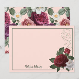Personlig för elegant Burgundy och Rosa Blommigt Anteckningskort