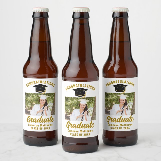 Personlig för elegant Guld Studentfest  Foto Ölflaska Etikett (Flaskor)