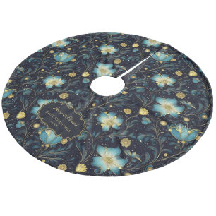 Personlig för elegant Midnight Blue & Guld Blommig Julgransmatta Fleece