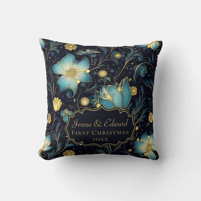 Personlig för elegant Midnight Blue & Guld Blommig Kudde (Framsida)