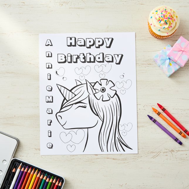 Personlig för enhetlig födelsedagskalender Färgnin Reklamblad (Birthday Unicorn Personalized Coloring Sheet Paper)