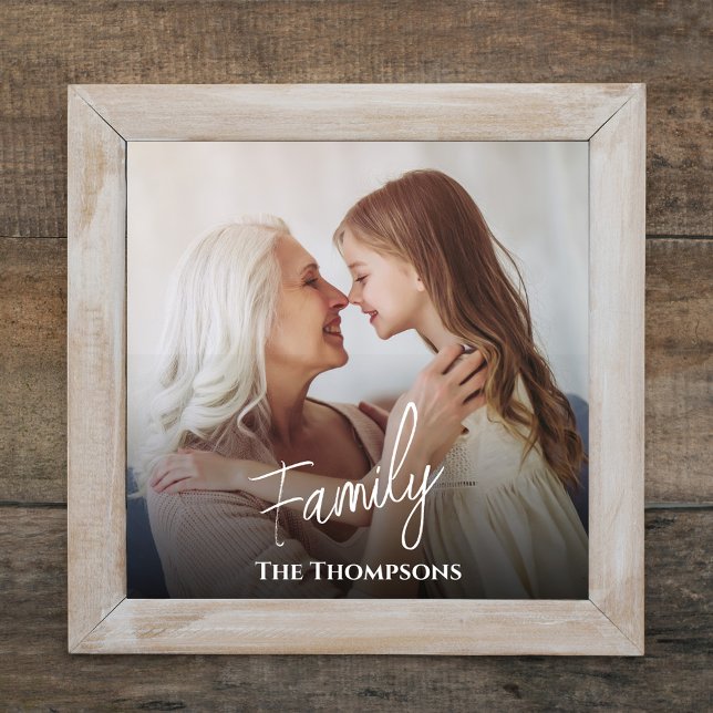 Personlig för enkel fotomall för familjen fototryck (Simple minimalist photo print with white "family" lettering.)