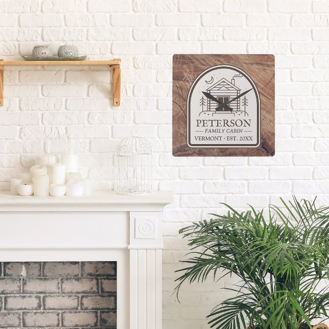 Personlig för familjekabin Rustic Wood Decor Fyrkantig Klocka (Family Cabin Custom Personalized Rustic Clock )