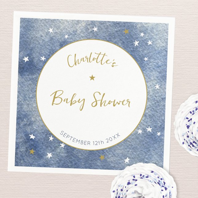 Personlig för färgen "Baby Shower Celestial Star W Pappersservett (Watercolor star navy blue gold and white personalized baby shower party paper napkins)