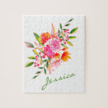 Personlig för färgen Watercolor Blommigt Art Rosa Pussel<br><div class="desc">Det här vackra pusslet har en färgstark rosa och en orange vattenfärgad blommigt buquet. Anpassa det med ditt namn i en snyggt-skripttypografi. Underbar presentidé.</div>