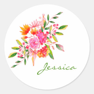 Personlig för färgen Watercolor Blommigt Art Rosa Runt Klistermärke