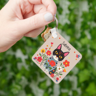 Personlig för folkart Cats and Flowers Nyckelring