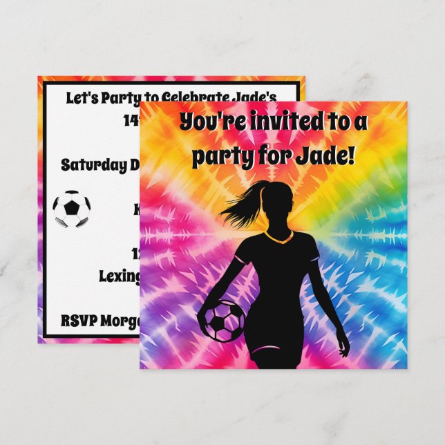 Personlig för fotbollsflicka Tie-Dye Rainbow Birth Inbjudningar (Fram/baksida)