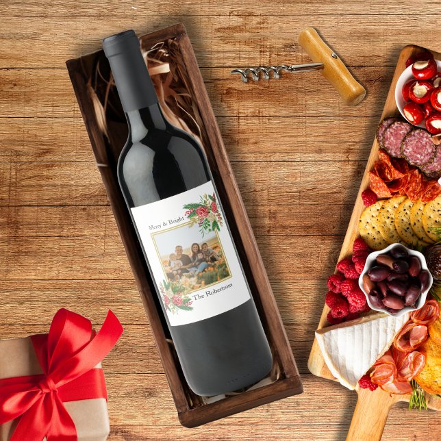 Personlig för foto i familjen Merry och Bright Blo Vinflaska Etikett (Skapare uppladdad)