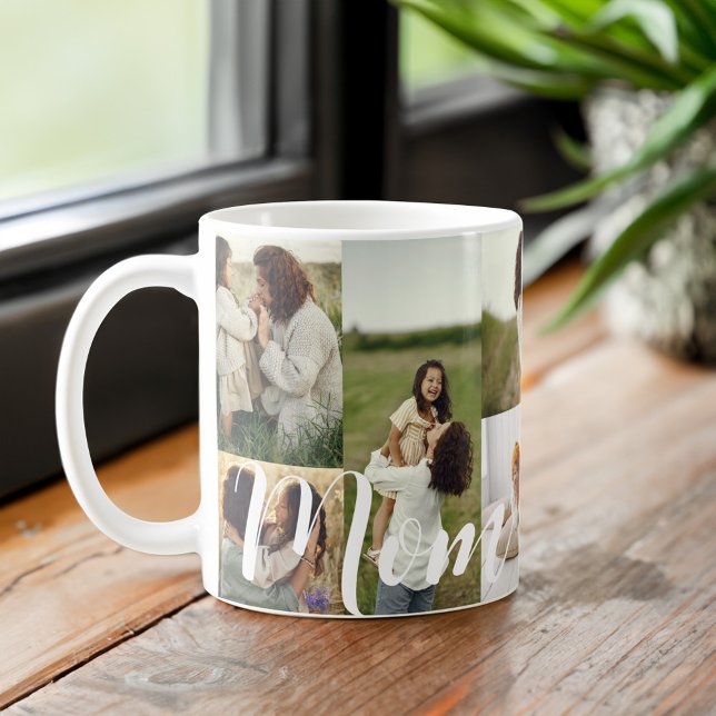 Personlig för fotorutnätslayout för elegant Mamma Kaffemugg (Elegant Script Mom Photo Grid Layout Personalized Coffee Mug)