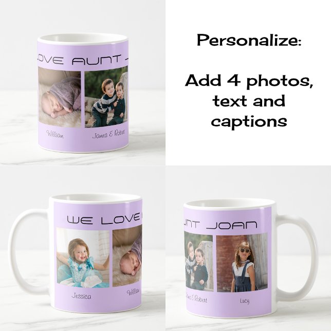Personlig för fyra foton som kan redigeras kaffemugg (Classic coffee mug. 'Design theme' lilac)
