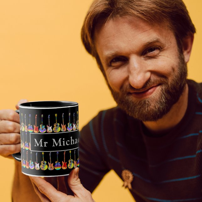 personlig för guitar-musiklärare mugg (Guitar music teacher personalized coffee mug with cool funky colorful psychedelic guitar pattern)