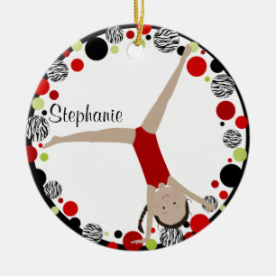 Personlig för gymnast för mörkt hår röd, svar julgransprydnad keramik