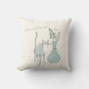 Personlig för illustration av katt och blommor kudde