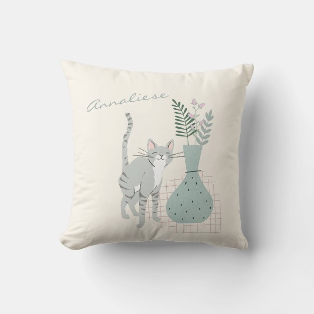 Personlig för illustration av katt och blommor kudde (Framsida)