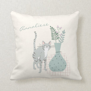 Personlig för illustration av katt och blommor kudde