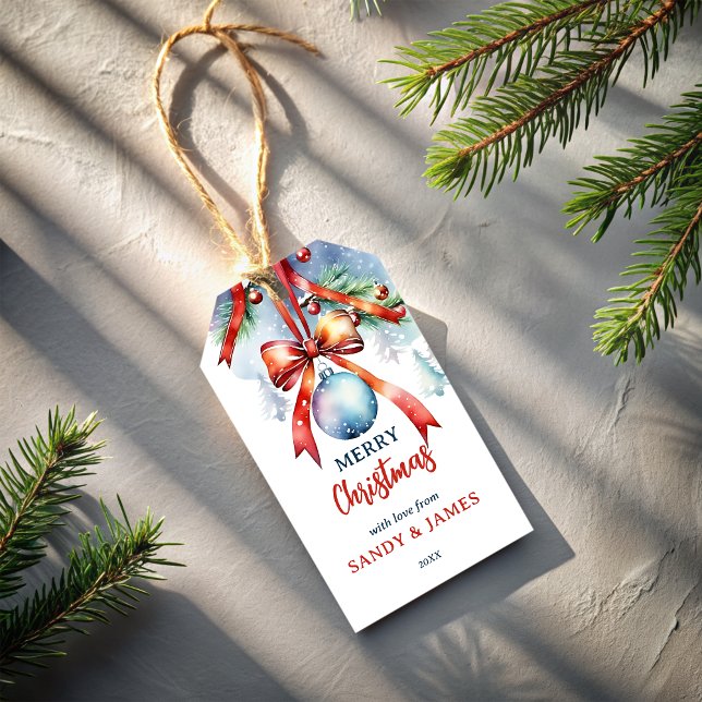 Personlig för julbalkar presentetikett (Christmas baubles red coquette bow personalized Christmas gift tags creative gift tags)
