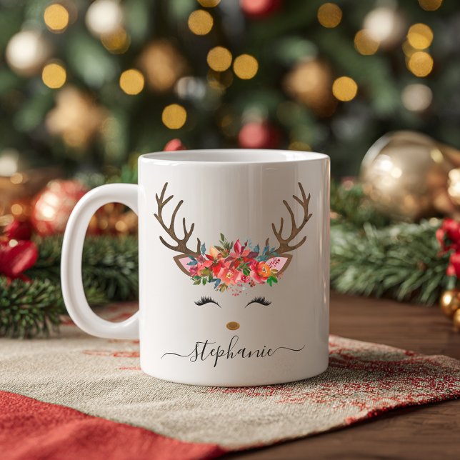 Personlig för julens Helgdag Rener Blommigt Kaffemugg (Christmas Holiday Reindeer Floral Personalized Coffee Mug)