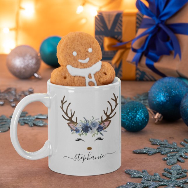 Personlig för julens Helgdag Rener Blommigt Kaffemugg (Christmas Holiday Reindeer Floral Personalized Coffee Mug)