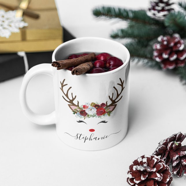 Personlig för julens Helgdag Rener Blommigt Kaffemugg (Christmas Holiday Reindeer Floral Personalized Coffee Mug)